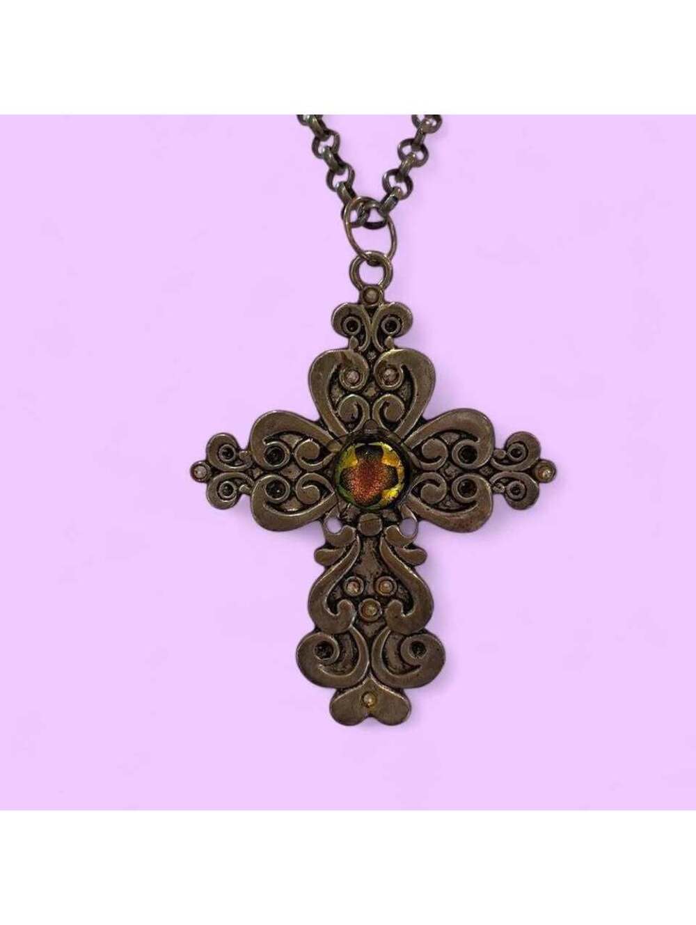 Vintage Ornate Cross Pendant Necklace with Amber Center Stone
